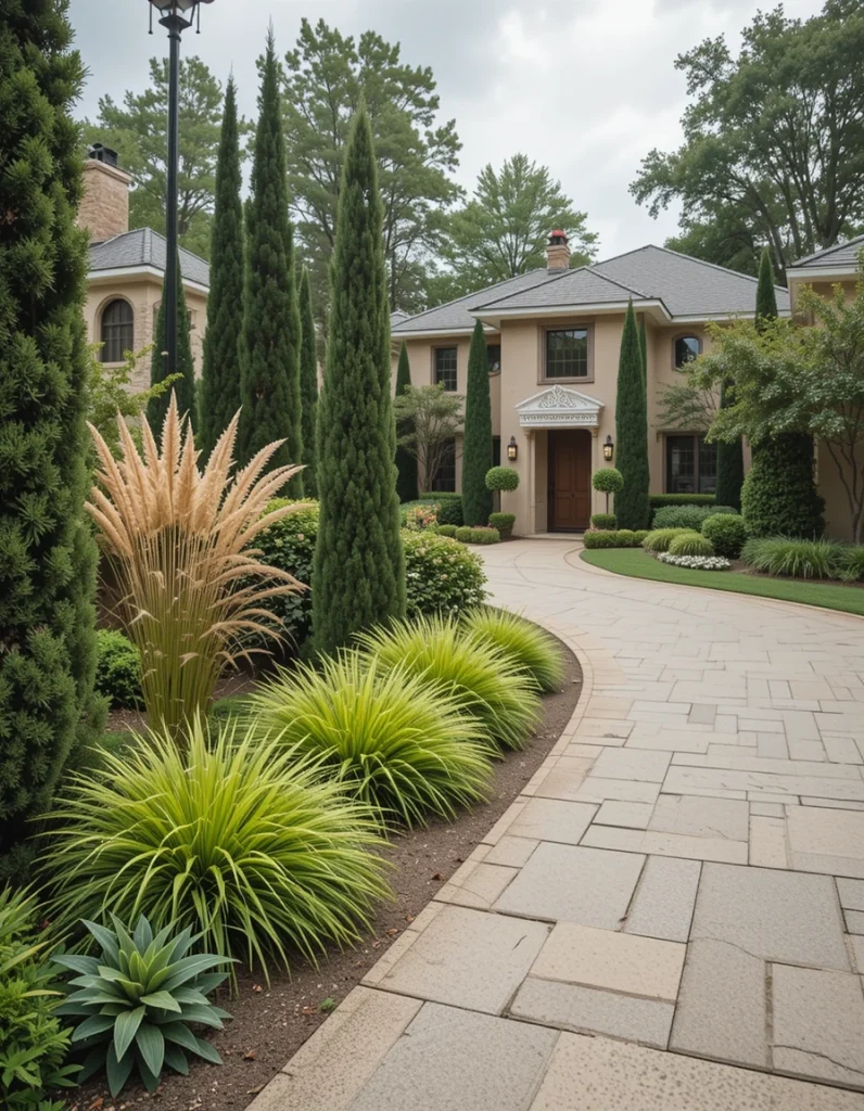 Create visual drama using vertical elements like ornamental grasses, slender tall trees, or building features in addition to your driveway. Italian cypress, ornamental bamboo, or steel yard art sculptures can direct the eye up and demarcate the way to your home. Install these elements to create rhythm and repetition for a designed look.