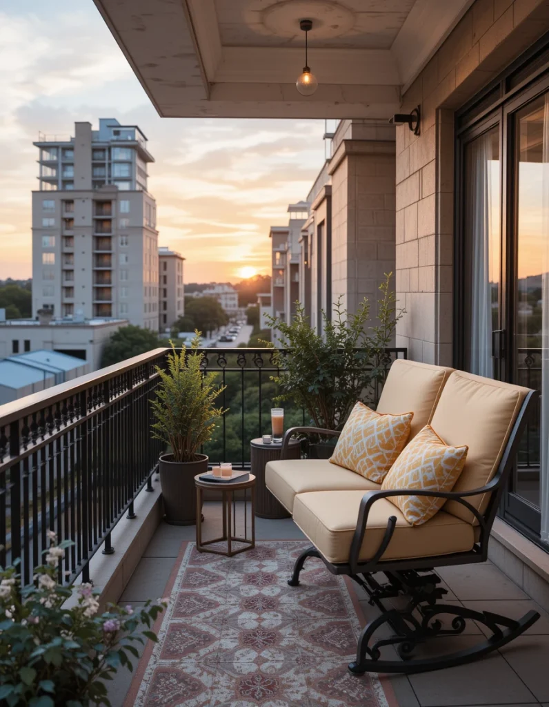 If your balcony is heavy-duty enough to support the weight, a two-person glider or even a small porch swing is next-level comfort. Gliders give you a smooth, repetitive motion that makes you wind down and synchronize with the setting sun.Pair it with pale yellows and sunset peach soft cushions to create a dreamy, romantic ambiance. Include a side table for your favorite drink, and now your balcony is not just outdoor space—it’s an emotional reset button on your evening commute.