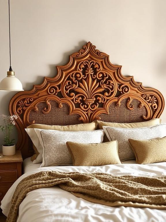 beautifully crafted wooden or carved headboard can instantly elevate your boho bedroom. Look for designs with intricate patterns, natural wood finishes, or woven rattan to complement the bohemian aesthetic. A headboard with a distressed or vintage finish adds character and warmth to the space. If you want a softer look, a padded headboard in a muted tone can create a cozy, relaxed feel.