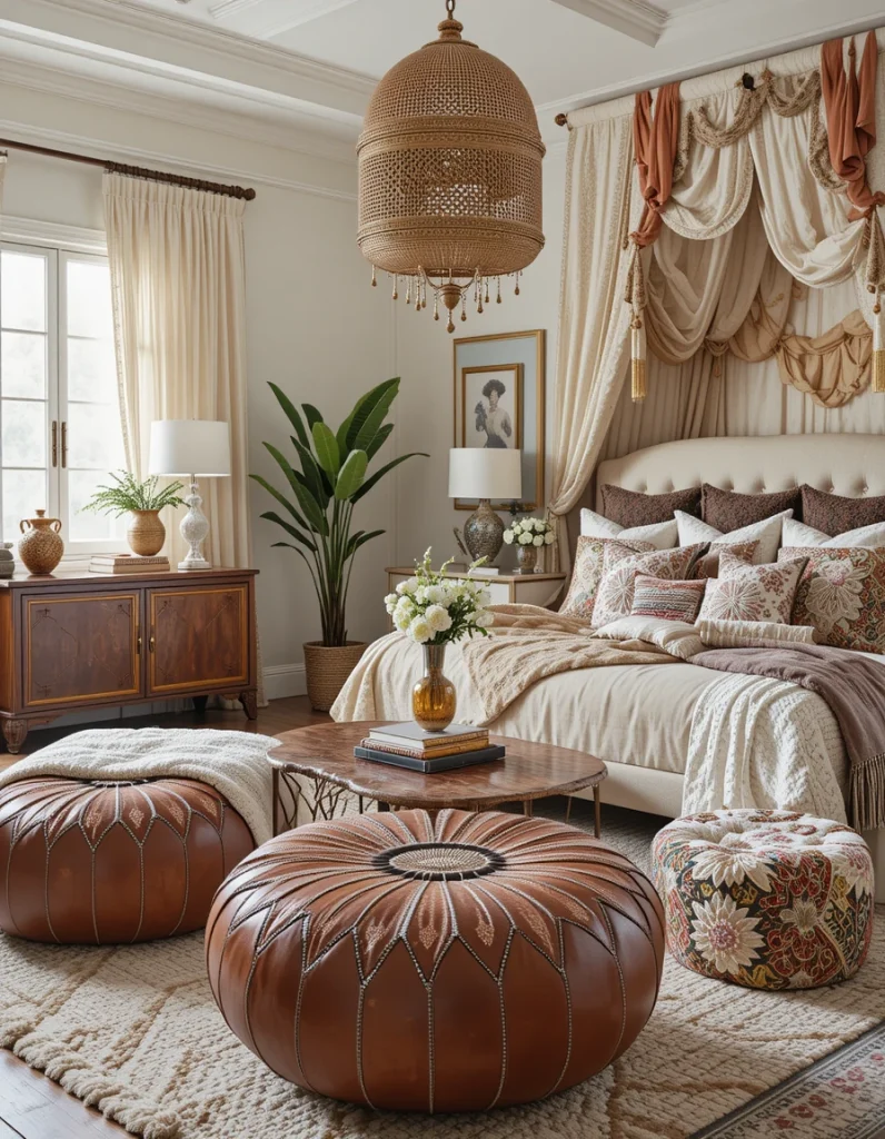 One of the best ways to enhance the relaxed feel of a boho-inspired bedroom is to incorporate floor seating like Moroccan poufs or oversized cushions. These add an extra layer of comfort and create a cozy space for reading, meditating, or lounging. Opt for poufs in textured fabrics like leather, woven cotton, or embroidered designs to reinforce the eclectic boho aesthetic. Layering these with a low coffee table or a plush rug makes the space feel even more inviting.
