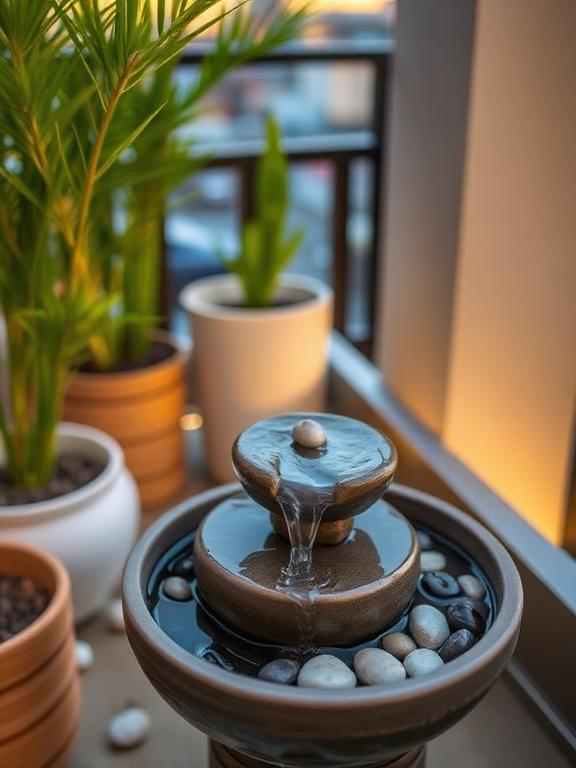 Apartment balcony ideas) A small tabletop fountain or trickling water feature brings instant calm to your balcony. Combine it with bamboo planters, pebbles, and low lighting, and you’ve got a little slice of spa serenity. As the sunset sets the sky on fire, the gentle sounds of water ground your spirit.This synthesis of visual and aural calm is mesmerizing. It turns your balcony into a multisensory ritual space—perfect for journaling, tea sipping, or decompressing after a high-stress day. The city fades away. The light becomes soft. You breathe more slowly. That is the luxury.