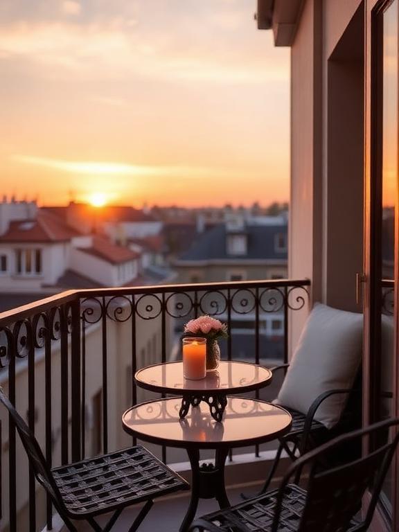 Bring on the European city feels with a small round cafe table, wrought iron seating, and a lone candle or vase of fresh flowers. It’s simple, classic, and perfect for low-key nights spent with a coffee or glass of rosé in hand while watching the sun dip behind far-off rooftops.Add some jazz playlist, a novel or sketchbook, and you’ve got a creative getaway that belongs in a rom-com. Even when your view is a mix of neighboring balconies and power lines, this setup makes you feel like you’re looking out over sunset on a Parisian balcony.