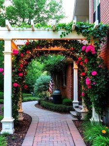 Create a pergola or arbor across your front sidewalk to create a dramatic, warm welcome. Fairy lights, vine, or climbing roses cover it for added drama. It has the eye travelling up and making your yard appear larger.