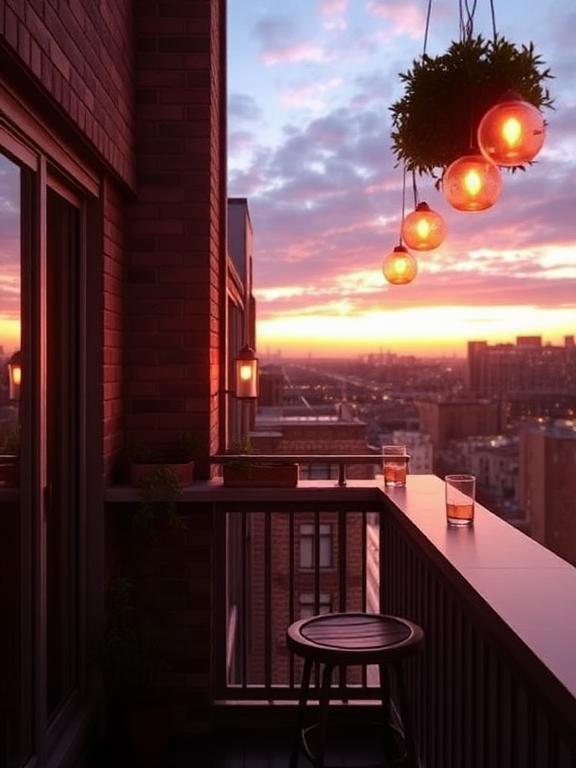If your balcony is directly west-facing, put in a thin countertop along the railing to capture each inch of that last sunbeam. This “window bar” is now your favorite spot for sunset cocktails, solo contemplation, or virtual happy hours with the best light in town.Bar stools render it purposeful, and a string of battery-operated globe lights creates a subtle lead-in to night. This idea is ultra-effective for small balconies, giving a front-row seat to one of nature’s greatest shows—aerial obstruction free, distraction free, just sky and light and you.