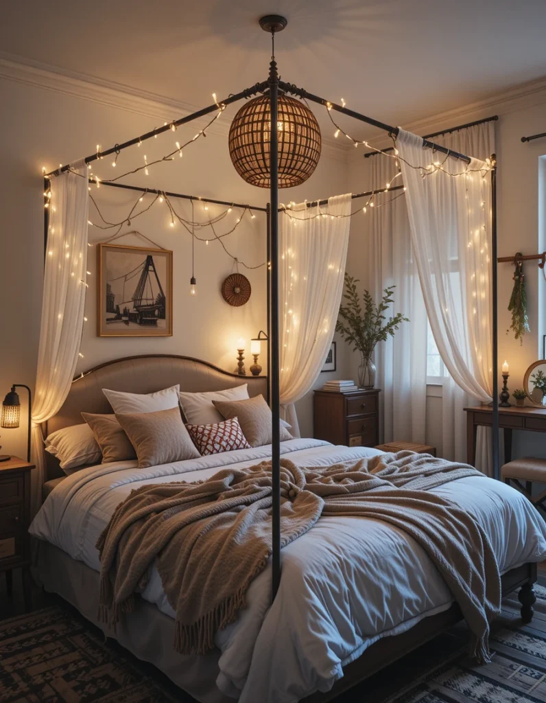 Lighting plays a big role in creating a boho bedroom’s cozy, inviting atmosphere. Instead of harsh overhead lighting, opt for warm, ambient lighting like string lights, paper lanterns, or rattan pendant lamps. Fairy lights draped around a canopy bed or across a wall add a dreamy, intimate glow to the space. Mixing different light sources, such as floor lamps with warm-toned bulbs and candles in decorative holders, enhances the overall cozy feel.