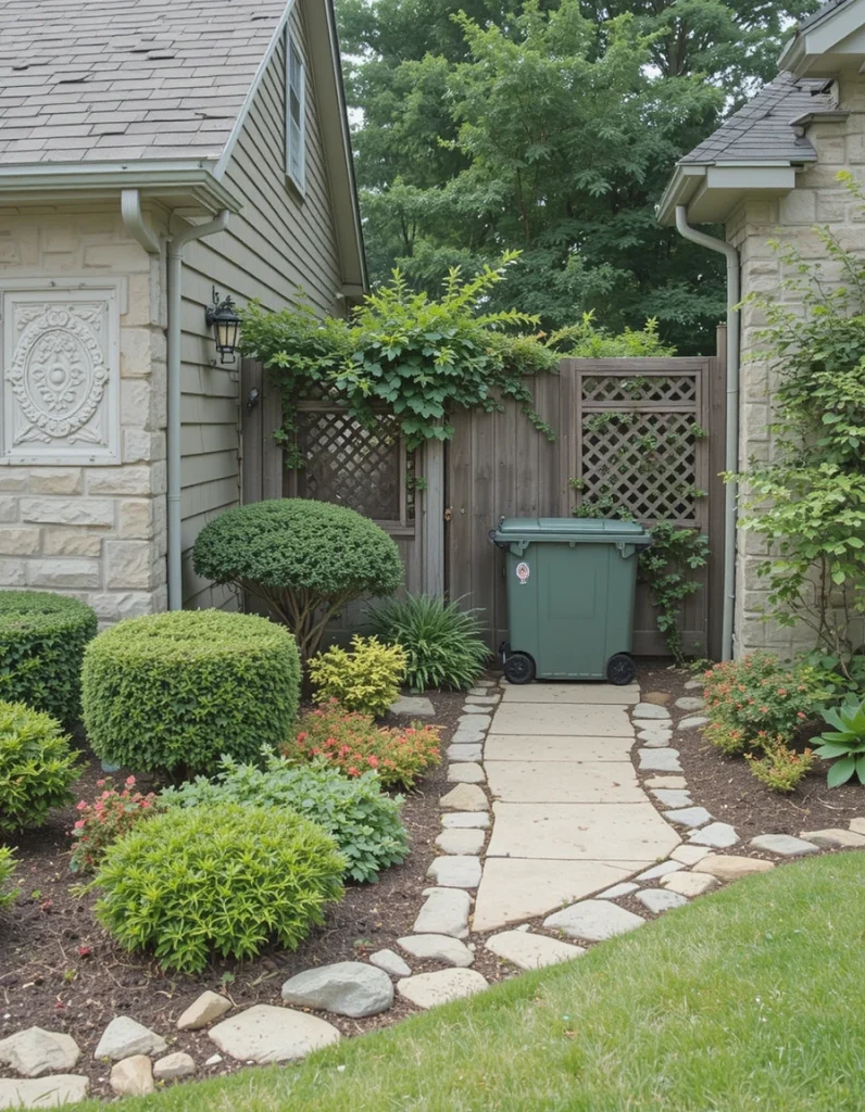 Camouflage unsightly but necessary elements like trash cans or utility closets with thoughtful landscaping. Use decorative screens through the use of lattice panels screened by climbing vines, constructing custom enclosures that match the aesthetic of your home, or planting dense evergreen shrubs in strategic locations to screen these elements while still having access to them.
