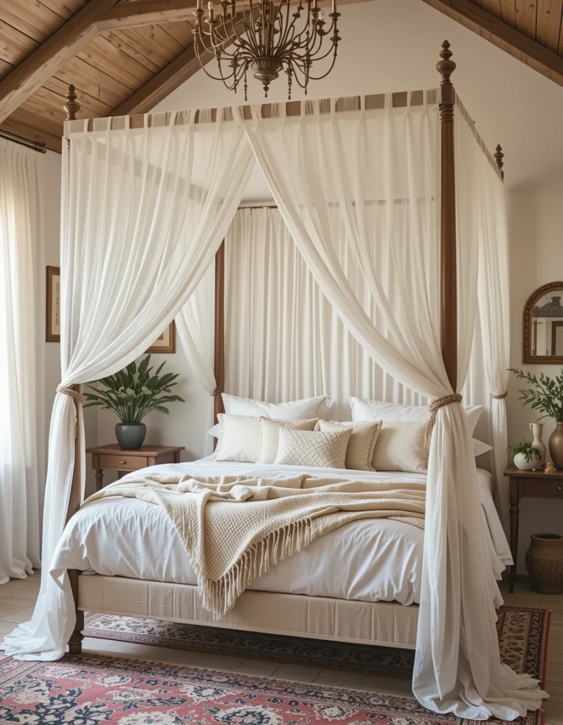 A canopy bed instantly transforms a space into a cozy, romantic retreat, making it a staple in boho bedroom design. Sheer white curtains draped over a four-poster bed or hanging from the ceiling create a soft, ethereal look. If you don’t have a canopy bed, you can DIY the effect by hanging light, gauzy fabric from the ceiling or attaching it to the wall behind your bed. This simple addition adds an element of whimsy and makes your room feel even more inviting.