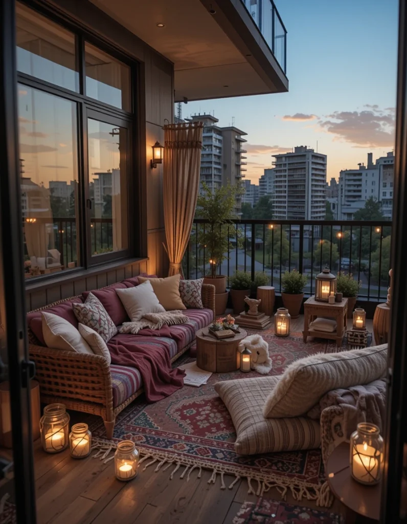 In place of furniture, take on a floor lounge setup with stacked rugs, big cushions, and printed throws. This bohemian look is especially ideal for low-railed or covered balconies where the floor element is already central.Use lanterns, fairy lights, or even tealights in jars to emit a casual glow around you. It is casual but intentional, like a sunset picnic that doesn’t have to be packed. It is perfect for sprawling out, meditating, or reading as the sky transforms from gold to indigo.
