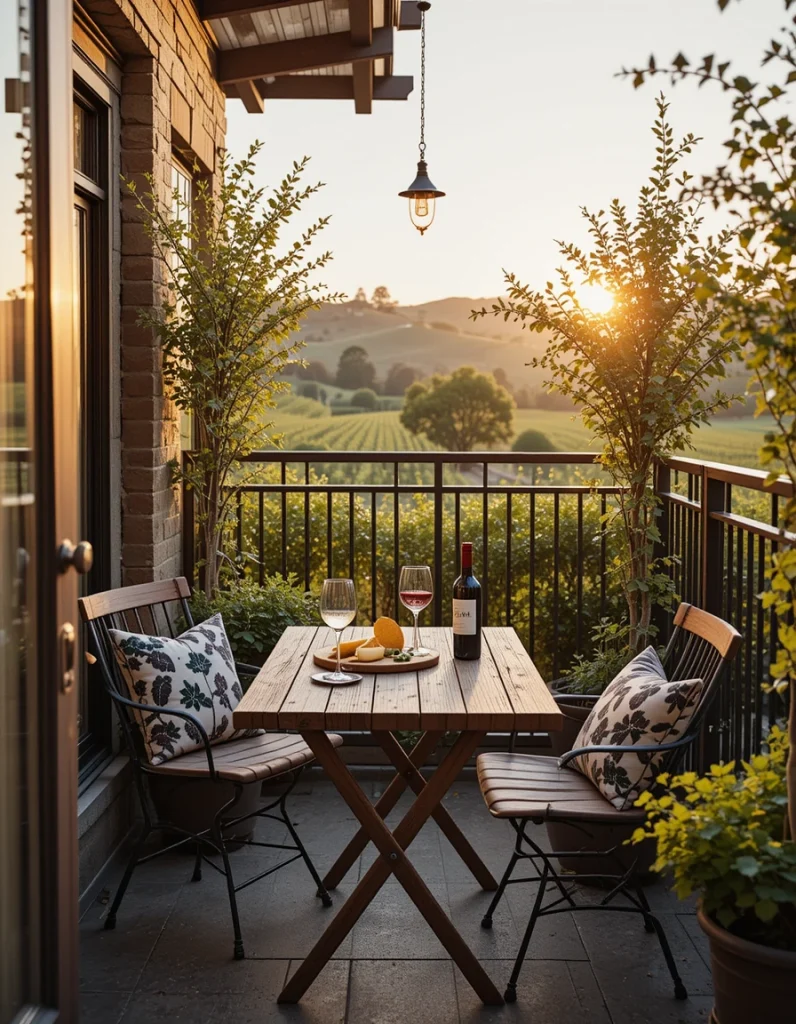 Make a mini Napa Valley complete with a little wine-tasting station. Think weathered wood table, cheese platter, potted grapevines or olive trees, and two chairs facing west. Sip, savor, and toast the sunset in your own little patch of vineyard ambiance—airfare-free.The textures—wood, glass, greenery—play beautifully with sunset light. Golden hour becomes a golden experience, and whether you’re with friends or enjoying a solo pour, this balcony design is rich, romantic, and oh-so grown-up. Pro tip: keep a cozy shawl nearby for those crisp twilight breezes.