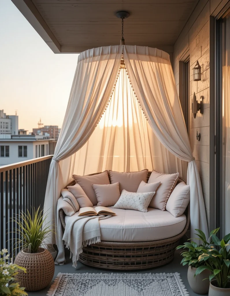 Create a mini oasis with a rounded cocoon chair or daybed loaded high with cushions and gauzy drapes. This creates a half-enclosed pod that filters the setting sun with soft, dreamy shadows—like your own little haven above city streets.Toss soft fabrics like cotton throws, pom-pom-trimmed pillows, or even a sheer canopy. It’s the ultimate spot for reading, napping, or spacing out as the orange light absorbs into your skin. Your balcony isn’t just cozy—it’s a sanctuary.