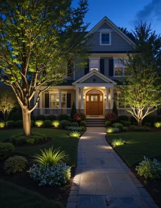 Strategic yard lighting can transform your front yard into a night landscape. Use path lighting, tree uplights, and soft porch lights to render your yard visually attractive and three-dimensional. It is a great way to enhance curb appeal as well as enhance security.