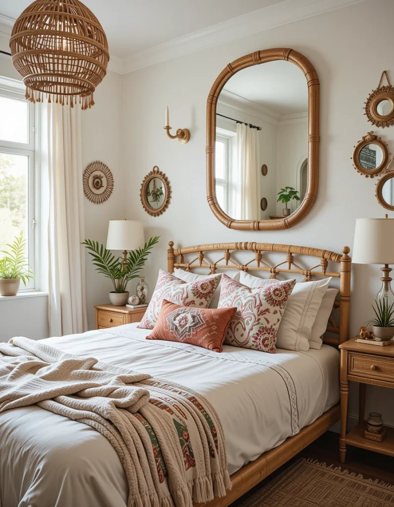 A boho bedroom should feel airy and bright, and mirrors are a great way to enhance natural light. A large vintage mirror, a rattan-framed piece, or a collection of smaller decorative mirrors can make your space feel bigger and more dynamic. Mirrors also reflect the beauty of your decor, amplifying the warm and inviting feel of the room.