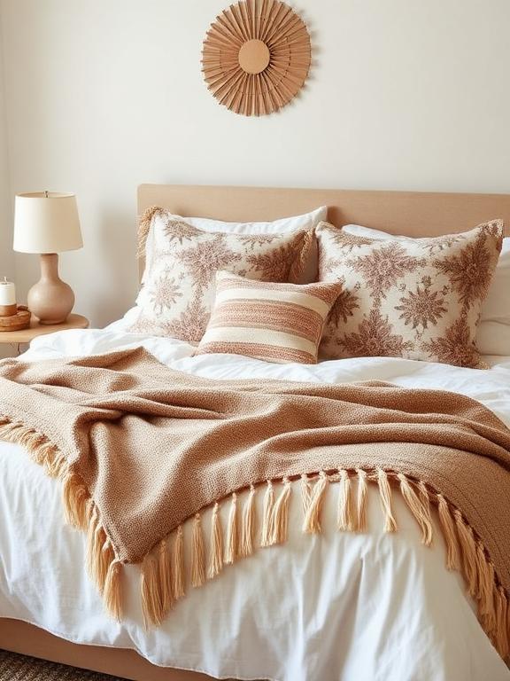 Adding tassel-edged throw pillows, fringed blankets, or decorative trims to your bed instantly enhances the boho look. These small details bring movement and texture, making the space feel effortlessly relaxed. Choose neutral or warm-toned pieces to create a cozy, inviting aesthetic. If you want a bolder look, opt for embroidered or patterned textileswith fringe details.