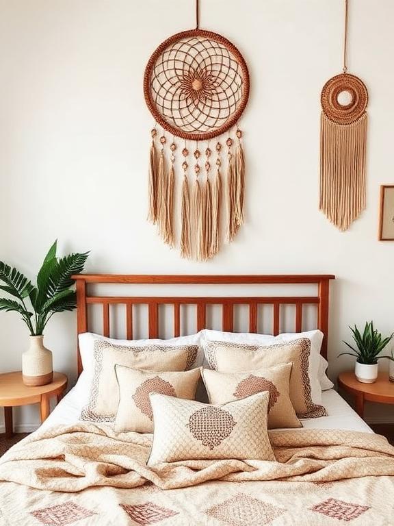 Incorporate dreamcatchers, woven wall hangings, or hand-painted art to enhance the boho aesthetic. Handmade pieces add a personal and cultural touch, reflecting the global-inspired roots of boho design. Choose macrame dreamcatchers, embroidered fabrics, or DIY wall hangings to add depth and meaning to your space. Placing one above your bed creates a calming, free-spirited focal point.