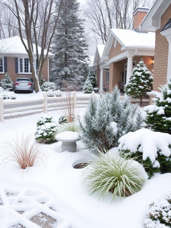 For cold-climate zones, include design elements that allow snow removal and minimize ice formation. Driveway heating systems eliminate shoveling, while properly placed plantings can act as windbreaks and snow fences. Use salt-resistant plants where areas are subject to de-icing material exposure, and include proper drainage to avoid ice formation.