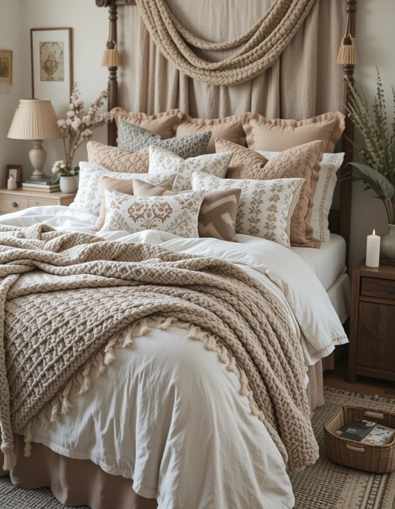 Boho bedrooms should feel ultra-cozy, and the best way to achieve that is through layered bedding. Start with a soft linen or cotton duvet, add a chunky knit throw, and mix in pillows with varying textures and prints. Opt for earthy tonesor soft muted pastels to keep the space feeling calm and inviting. This layering technique makes your bed the focal point of the room while ensuring maximum comfort.