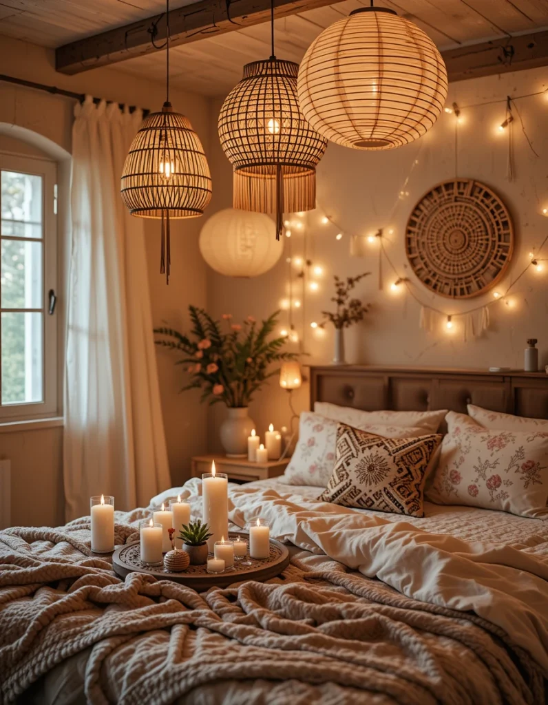 Lighting sets the mood in a boho bedroom, so combining soft, warm-toned light sources enhances the cozy, inviting feel. Opt for woven rattan pendant lights, Himalayan salt lamps, fairy lights, or paper lanterns to create a dreamy ambiance. Placing candles in boho-style candle holders adds a soft glow that makes the space feel even more relaxing.