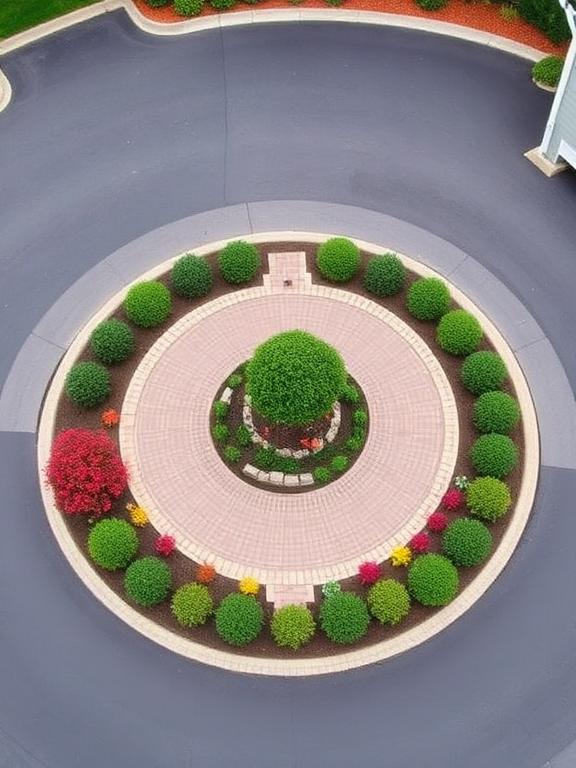 If there is enough space, add a circular turning area with a landscaped interior island. This design feature eliminates backing out without sacrificing the opportunity for a dramatic focal point. Place a specimen tree, sculpture, seasonal plantings, or small fountain in the center to make a maximum visual impression