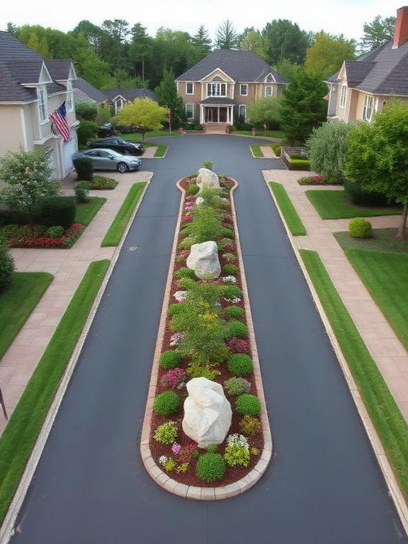 Split lengthy driveways with landscaped islands in the center or along the sides. Planting spaces add eye appeal and can contain specimen trees, flowering bushes, or decorative grasses. For visibility and safety, space islands large enough and visible enough not to obstruct traffic flow. Add boulders or ornamentation year-round for form.