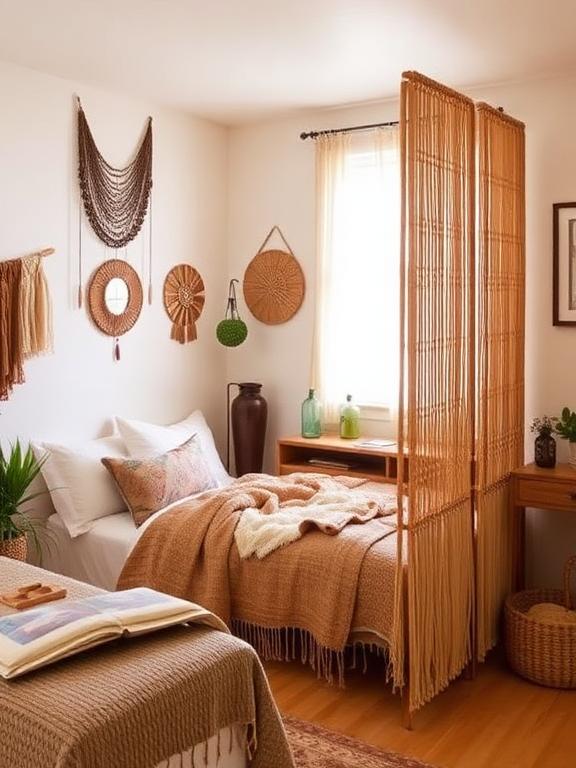 For an extra bohemian touch, consider adding beaded curtains or woven room dividers. These decorative pieces add texture while creating a sense of separation without closing off the space. A rattan or wooden room divider can be a functional and stylish way to create a cozy reading nook or dressing area. Beaded curtains in natural or jewel tones add a fun, nostalgic touch to doorways or windows.