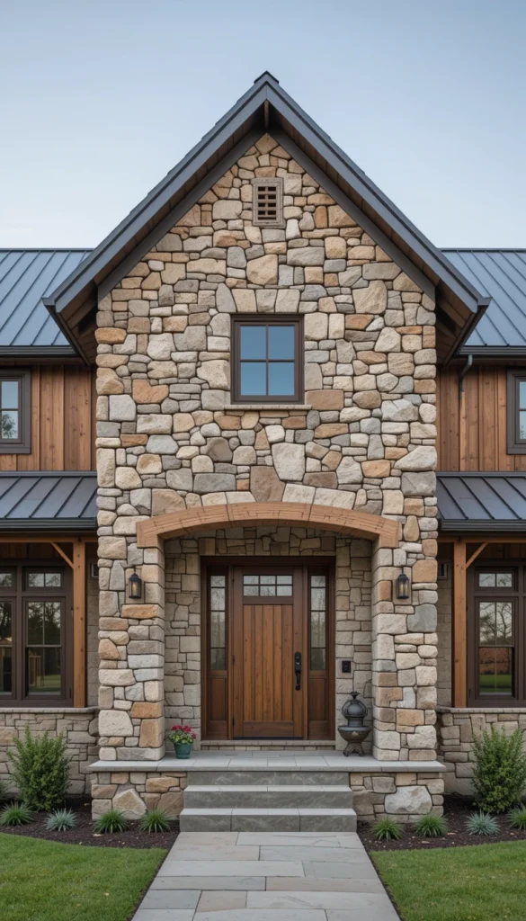 Stone-Faced Entry with Vertical Wood and Metal Roof