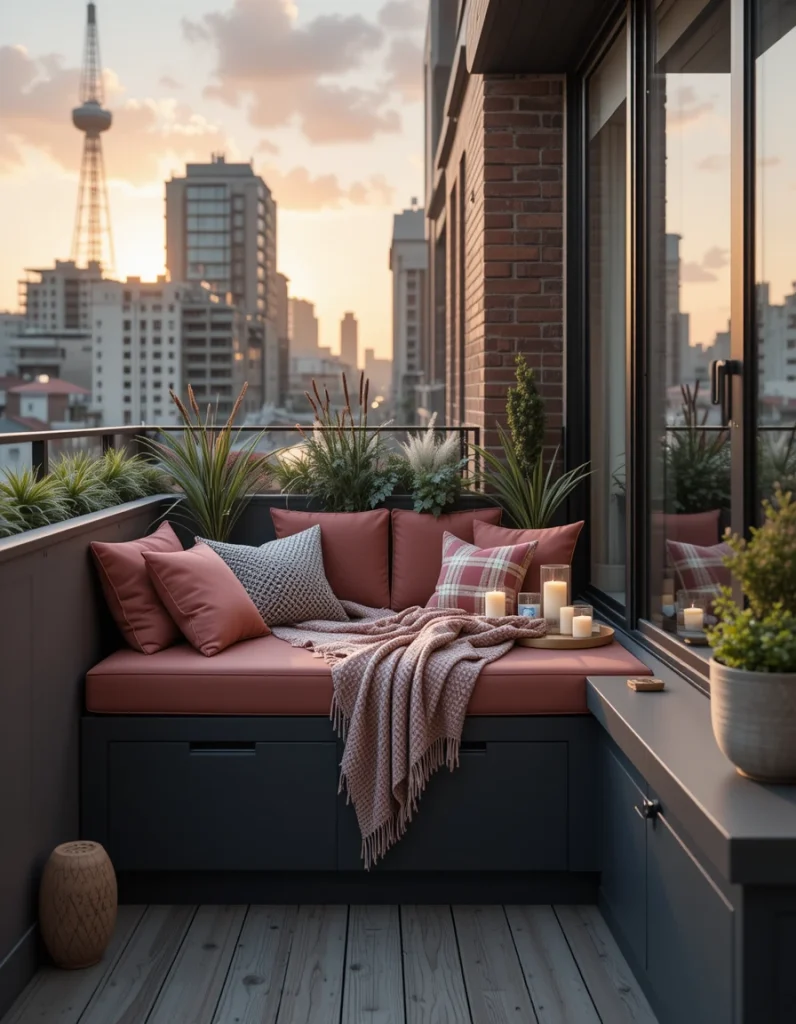 A custom-built bench along one side of your balcony creates a sleek, integrated look while offering practical storage underneath for blankets, candles, or planters. Top it with a plush cushion in sunset-inspired colors like terracotta or dusty rose, and you’ve got a comfy viewing perch that also keeps your space tidy.This is not just seating but your very own personal oasis of calm. The design is bespoke and intentional, as required for compact spaces. When the sun is setting, pull a throw off the bottom of the bench, lie down, and let your whole self get into the golden hour. It’s seating, but so much more.