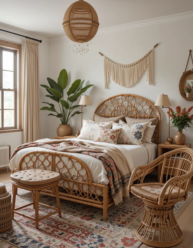 Rattan and wicker furniture are signature elements of boho-chic decor, bringing an organic, handcrafted feel to the bedroom. Whether it’s a statement rattan bed frame, a wicker chair, or a bamboo nightstand, these materials add warmth and texture. These pieces work well with both bold boho prints and softer, neutral palettes, making them incredibly versatile. Plus, they’re lightweight and airy, which helps maintain the relaxed, effortless vibe of a bohemian bedroom.
