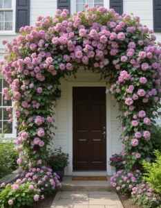clematis or climbing rose-covered trellis over your front entrance makes for a romantic retreat. And it adds vertical interest to smaller areas. Choose vines with blooms that open during different times of the year so they'll be gorgeous year-round.