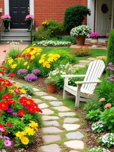 Make tiny seating nooks directly into your front garden pathway. A small bench or two Adirondack chairs among the flowers is playful. It encourages neighbors to stay and visit, building community scenes.