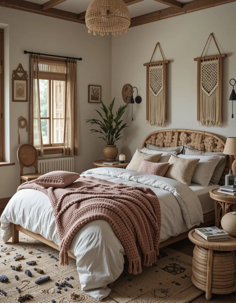 Texture is a fundamental element of boho decor—it makes the space feel cozy, lived-in, and visually dynamic. Think soft linen bedding, chunky knit throws, and woven rattan furniture to create contrast and interest. Adding macrame wall hangings, jute rugs, or velvet pillows can enhance the layered look without making it feel cluttered. The key is to mix at least three or four different textures to create a space that feels rich and inviting.