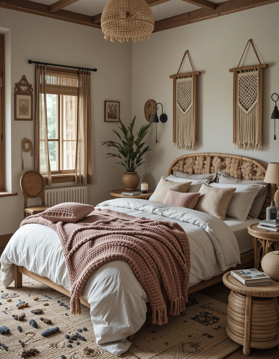 Texture is a fundamental element of boho decor—it makes the space feel cozy, lived-in, and visually dynamic. Think soft linen bedding, chunky knit throws, and woven rattan furniture to create contrast and interest. Adding macrame wall hangings, jute rugs, or velvet pillows can enhance the layered look without making it feel cluttered. The key is to mix at least three or four different textures to create a space that feels rich and inviting.