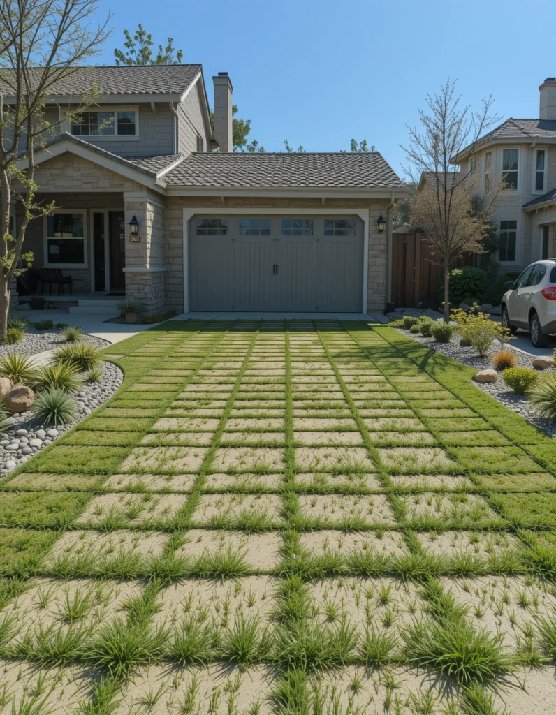 Create a “green driveway” by installing a grid system that allows grass to grow through but still supports the weight of automobiles. It is an eco-friendly option that resists heat absorption and runoff and blends the driveway into your lawn beautifully. Use drought-resistant varieties of grass and maintain a regular upkeep schedule to keep the surface looking its best.