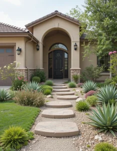 Xeriscaping isn't functional only—it is also stunning. Mix succulents, agave, and gravel pathways for a low-maintenance, Earth-friendly front lawn. Bonus: it's just as stunning before stucco or wood-side houses.