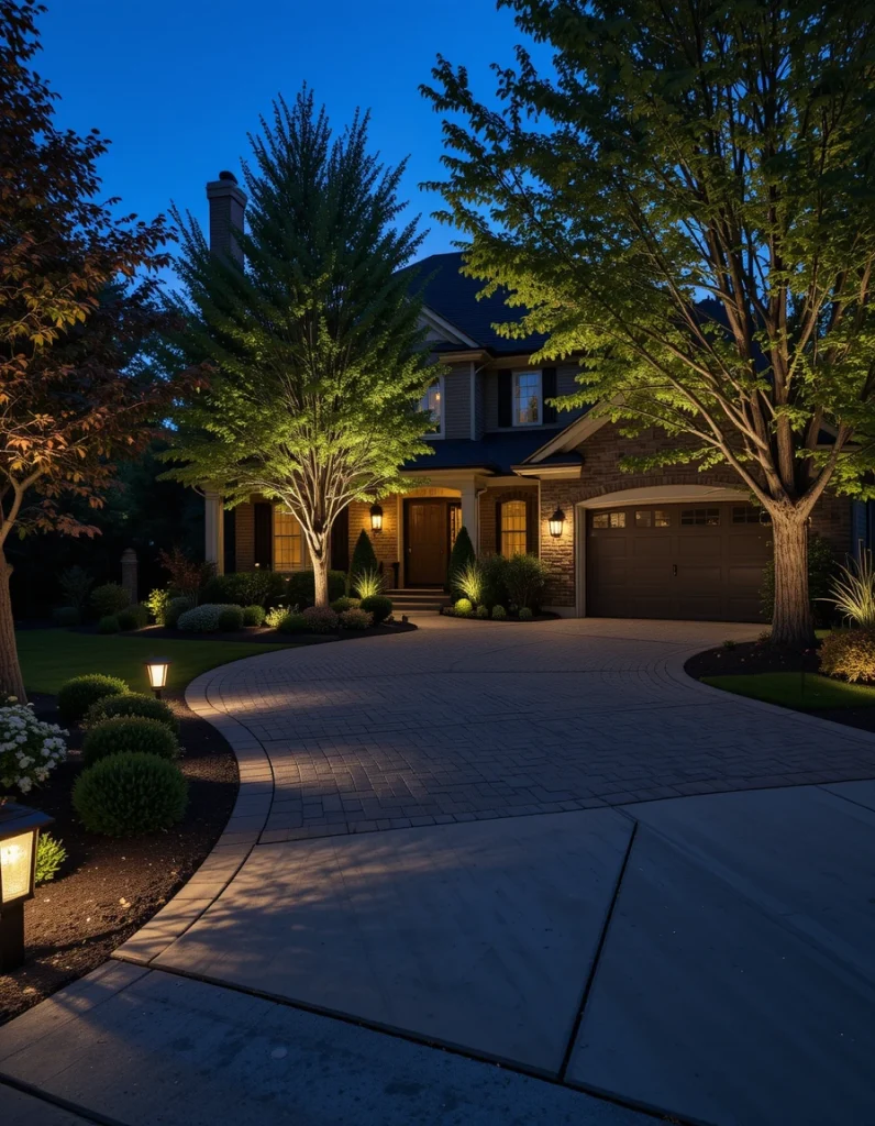 Strategic lighting changes your driveway at night, enhancing safety and ambiance. Solar-powered pathway lights along the edges create a warm welcome without adding to your electricity bill. For greater drama, uplight trees or architectural elements around the driveway. Motion-sensor lights around the garage offer security and convenience when returning home in the evening.
