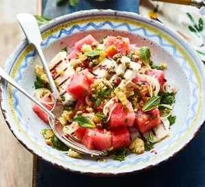 Griddled halloumi with watermelon & caper breadcrumbs