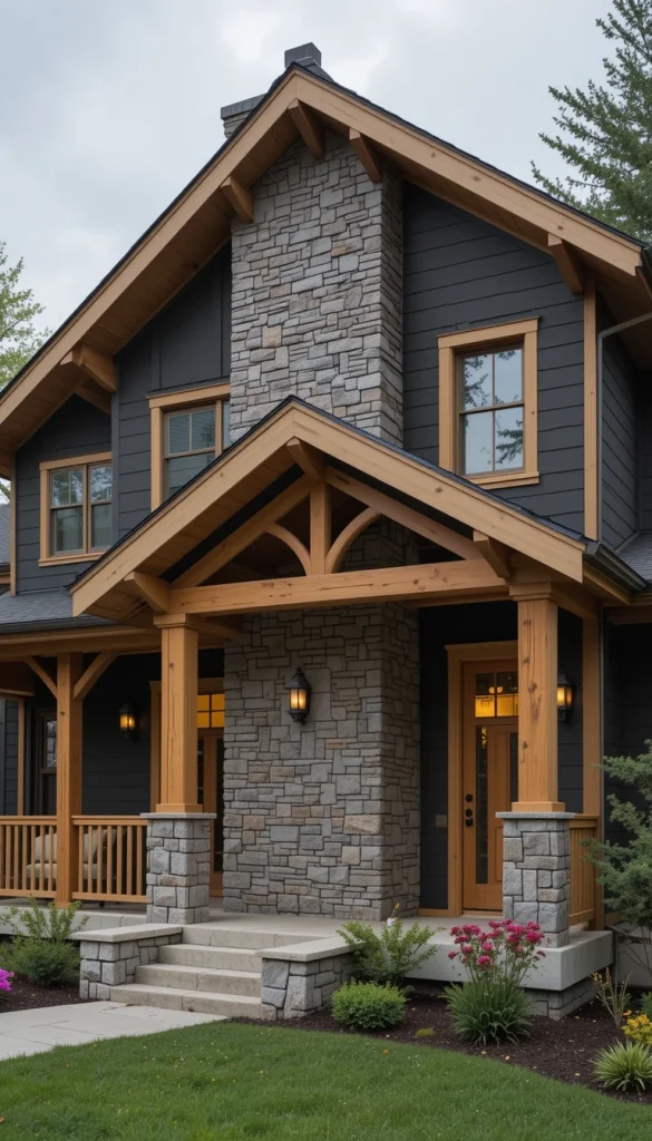 Rustic Split-Level with Natural Wood and Charcoal Siding