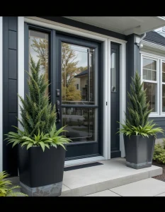 Positioning large, modern planters on either side of the door creates clean lines and symmetry that feel fresh and put-together. Use minimalist plants like ferns, snake plants, or sculpted evergreens for a modern feel. Black, white, or stone planters look fabulous against dark and light house facades.