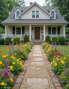 Removing a bland sidewalk for a walkway of gravel or stone bordered by wildflowers brings an immediate touch of the country. The coarse textures and splashes of color make a small front yard feel alive and lively. Gravel walkways are low-maintenance and well-suited for drainage as well.
