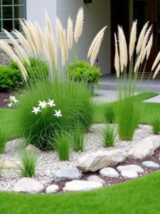 Prefer calm to color? Think a Zen-style bed with ornamental grasses, pale white blossoms, and carefully placed stones. The minimalism is sophisticated and soothing, especially when paired with a neutral-colored home exterior. It’s flower bed design for the restrained soul.