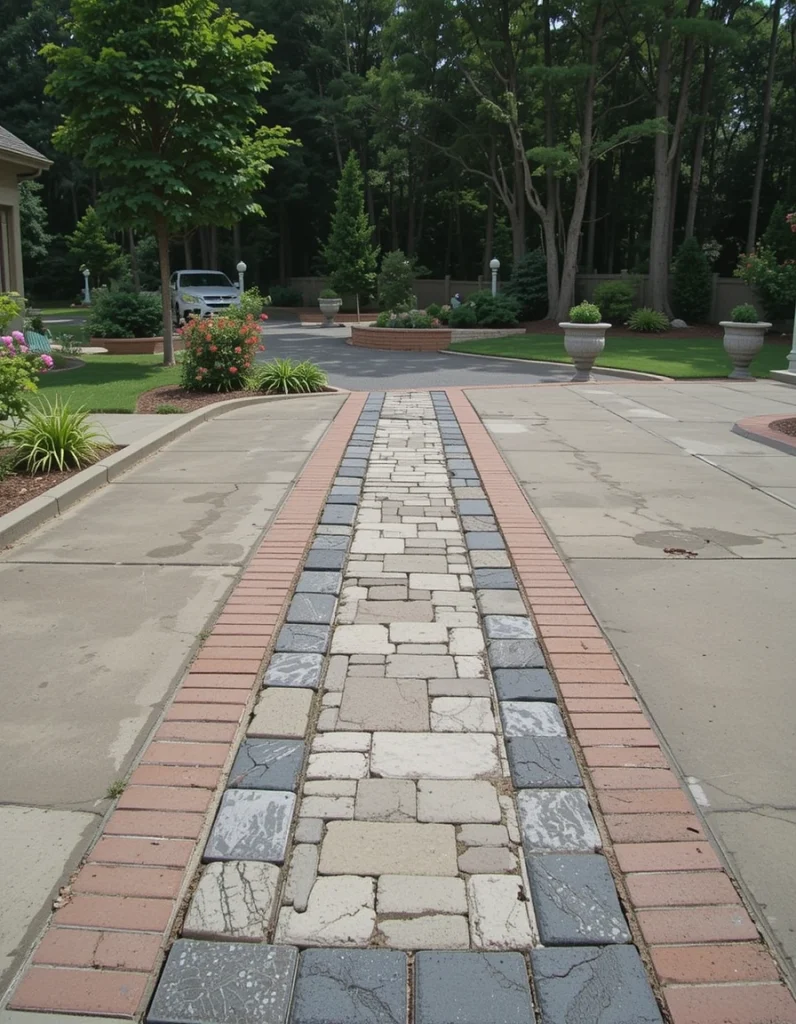 Combine and blend paving materials for visual interest and to set boundaries. For example, use concrete as the main driving surface with brick or stone borders. Or create a strip in the center made of ornamental pavers with more practical surfaces on either side. In this manner, you can incorporate higher-end materials without giving up functionality.
