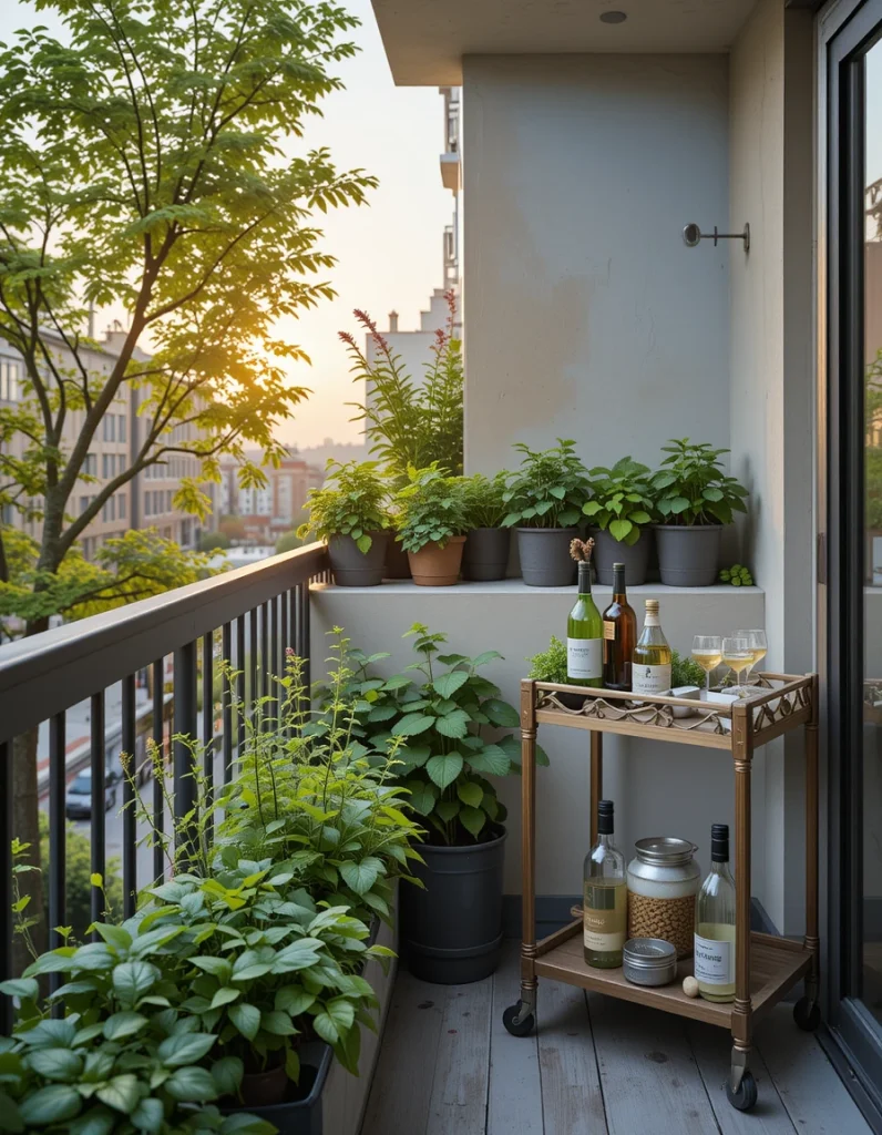 Imagine a corner of your balcony lined with fragrant herbs—basil, rosemary, mint—all bathed in the waning light. And next to it: a narrow bar cart or ledge lined with your favorite tea, wine, or cocktail staples. It’s the ultimate combination of garden fantasy and grown-up indulgence.As the sun dips lower, you pick fresh mint for a mojito or rosemary for an infused water. It’s not just beautiful—it’s interactive and fragrant. Every piece serves a purpose, every sip is earned, and every moment is slightly flavored like summer, even in the midst of the city.