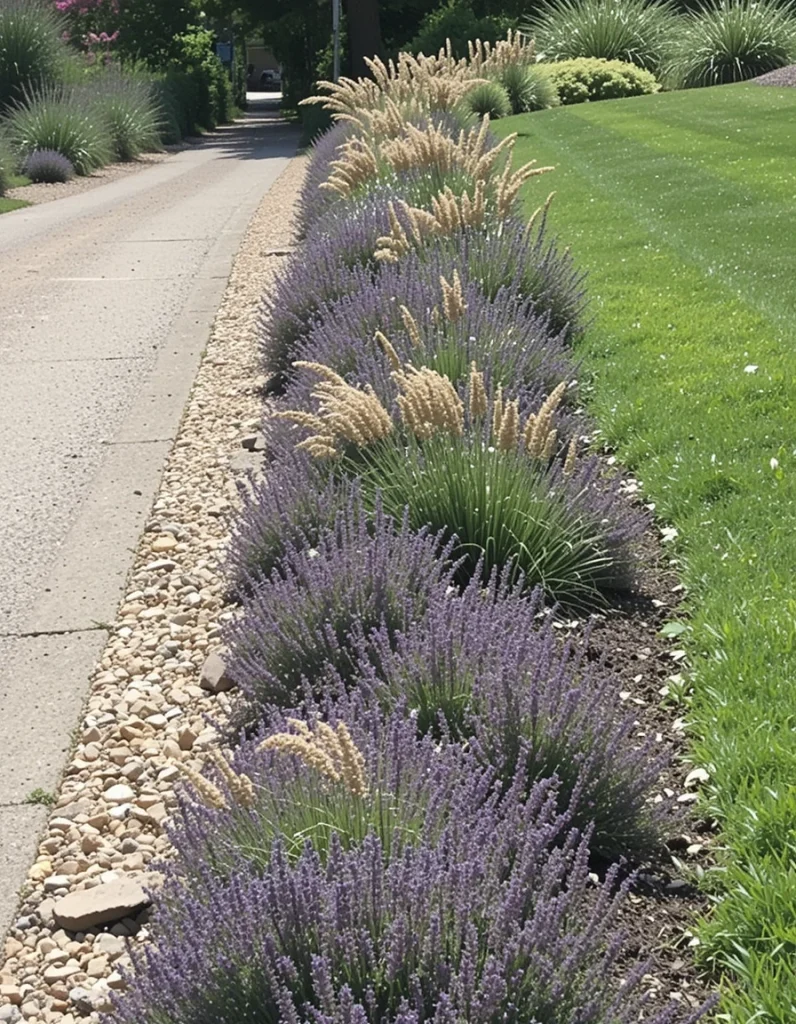Line your driveway with carefully selected plants to create visual interest and define the edge. Select low-growing perennials like lavender, Russian sage, or ornamental grasses that will not obstruct visibility. Plant them in clusters for maximum effect, and select varieties that share similar watering and sun requirements to simplify maintenance. To add year-round interest, include evergreen shrubs that keep their leaves during winter.