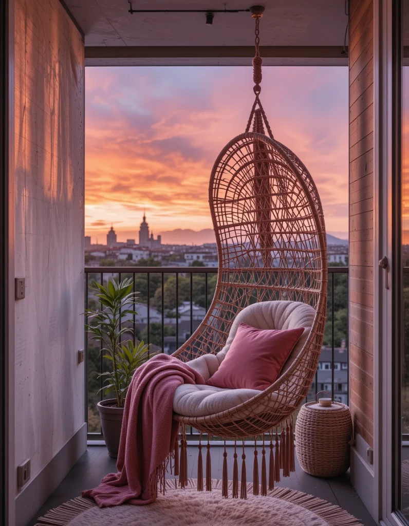 Soft hammock chair rock paired with a fiery sky—there’s just something so deeply relaxing about that. If your balcony has an overhead beam or solid support, this is a dreamy feature. Choose macramé or boho-inspired styles that catch the soft, laid-back vibe of sunset-viewing.Drape a warm throw over the side and add a velvet pillow in sunsetting shades—coral, burnt orange, or dusky pink. Your escape from the city is this chair, where emails and alarms become things of the past, only floating thoughts and the warmth on your skin.