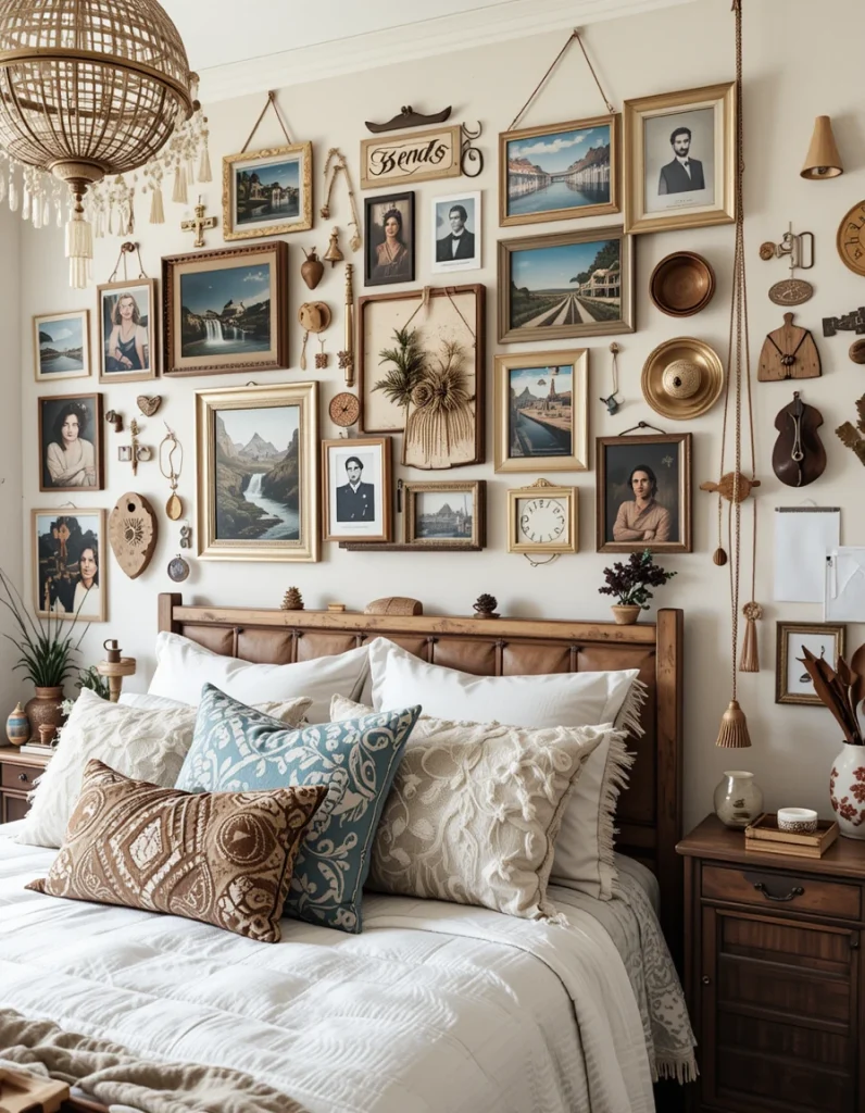 A true boho-style bedroom reflects your personality, so incorporating meaningful decor like travel souvenirs, vintage finds, or handmade crafts makes the space feel more personal. Displaying a gallery wall with a mix of framed photos, bohemian art, and collected pieces can tell a unique story. Small trinkets from your travels or handcrafted ceramics add a lived-in, well-traveled touch to the space. Boho decor isn’t about following strict rules—it’s about curating a space that feels authentic and inspired.
