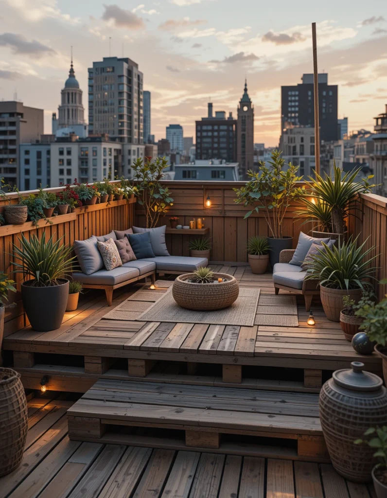 Construct levels on your balcony from pallet-style decking—either raised a few inches to define zones or at floor level for a fluid, natural look. This subtle structure offers a haptic, earthy feeling underfoot and gives contrast to the warm, rustic look of sunset colors.Top the platform with woven mats, low seating, and potted succulents. You’re creating a rooftop garden moment with little more than stacked wood and good lighting. It feels earthy, handmade, and just a little adventurous—like watching the sun set from a beach shack in the middle of the city.