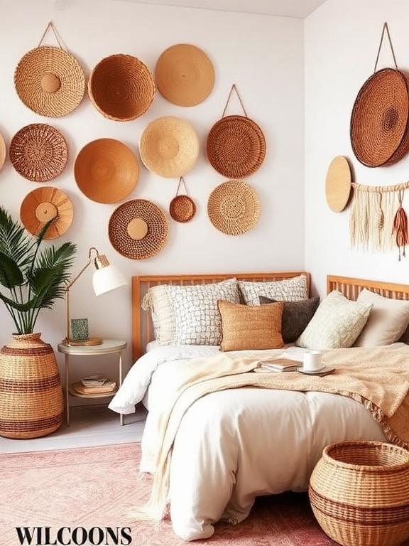Storage can be stylish! Incorporate woven baskets in different sizes and shapes to keep your space tidy while enhancing the boho decor. Use rattan, seagrass, or jute baskets to store blankets, pillows, or books while adding texture and warmth. Hanging a set of decorative baskets on the wall can also create a unique, artful display.