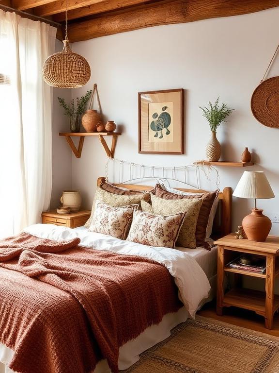 Boho spaces thrive on artisanal decor, so displaying handmade ceramics, pottery, or woven bowls can bring authenticity to your bedroom. Arrange small vases, earth-toned clay pots, or hand-painted trinkets on shelves or nightstands for a collected, well-traveled feel. Incorporating textured clay, terracotta, or stoneware pieces enhances the organic, earthy vibe of a boho bedroom.

