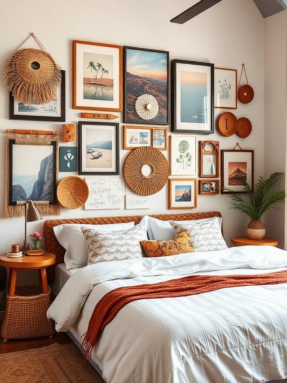 A gallery wall filled with boho art, travel prints, and abstract designs can add personality and charm to your bedroom. Mix framed artwork with woven baskets, macrame pieces, and mirrors for a layered, eclectic look. Keep the color scheme cohesive by sticking to earthy hues or neutral tones with pops of warm, rich colors. This is a great way to express your style while creating a visually striking focal point
