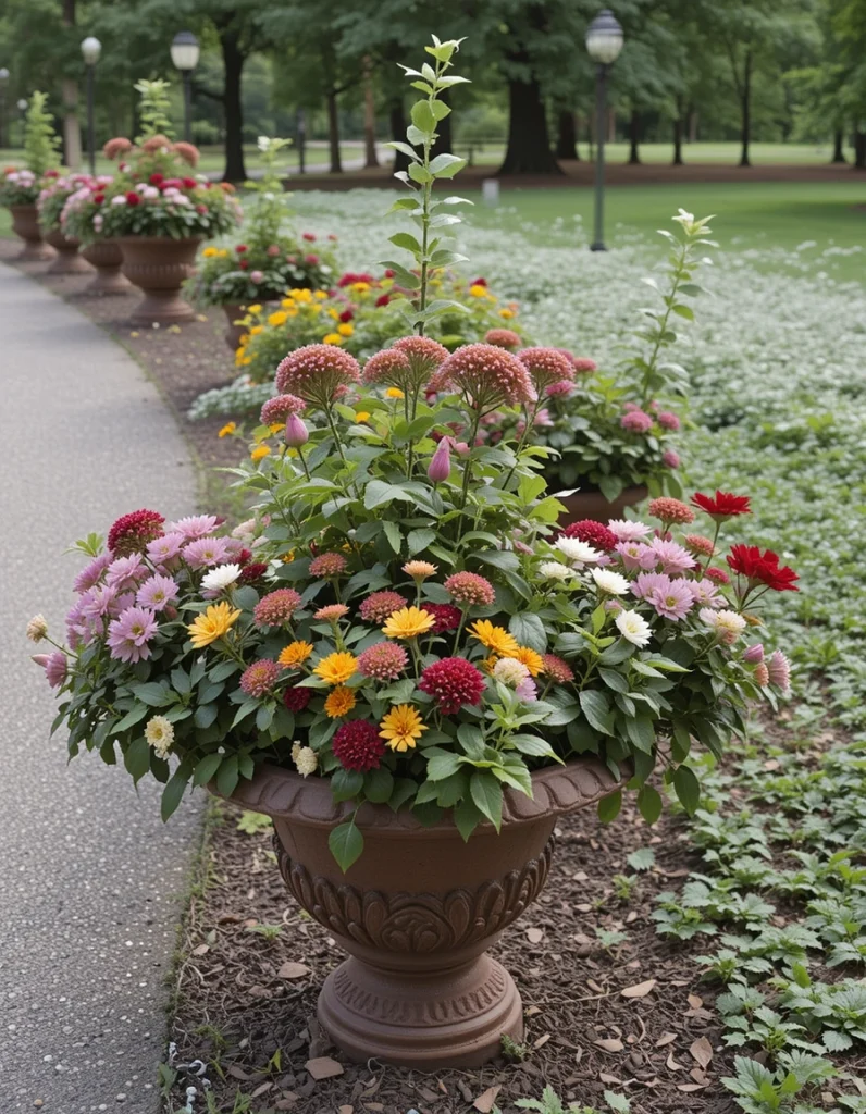 Place large decorative planters at strategic points along your driveway for easy-to-change seasonal color. Plant frost-proof pots with spring bulbs, summer annuals, fall chrysanthemums, and winter evergreens. Plant containers in odd numbers for the most aesthetically pleasing arrangement, and include solar-powered fairy lights for nighttime enchantment.