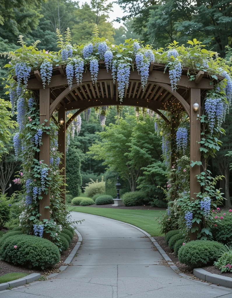 Make a statement with an arbor or pergola that frames your driveway entrance. This design feature adds vertical interest and serves as a defined threshold to your property. Grow climbing vines like wisteria, clematis, or roses to twine over the arbor, providing seasonal color and scent. For a dramatic after-dark effect, drape fairy lights over the arbor or place discreet spotlights.
